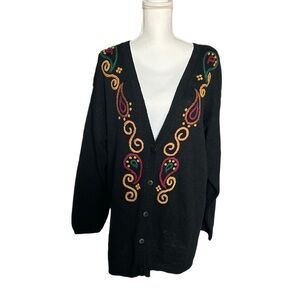 Vintage Black Embroidered Paisley Knit Button Front‎ Cardigan Sweater Size M
